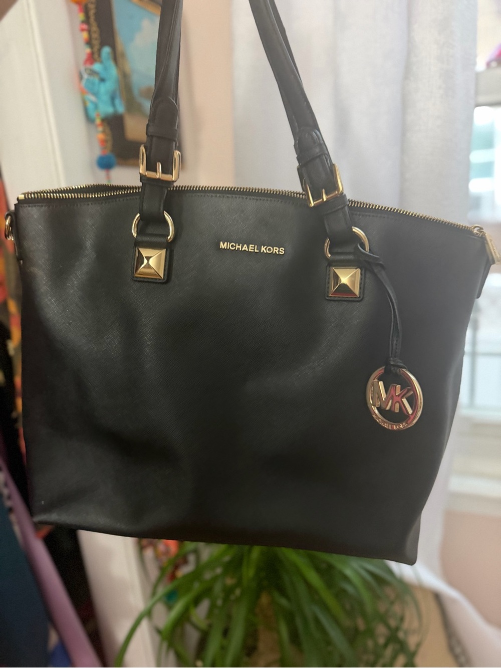 Michael Kors Black Leather Tote with Gold Accents